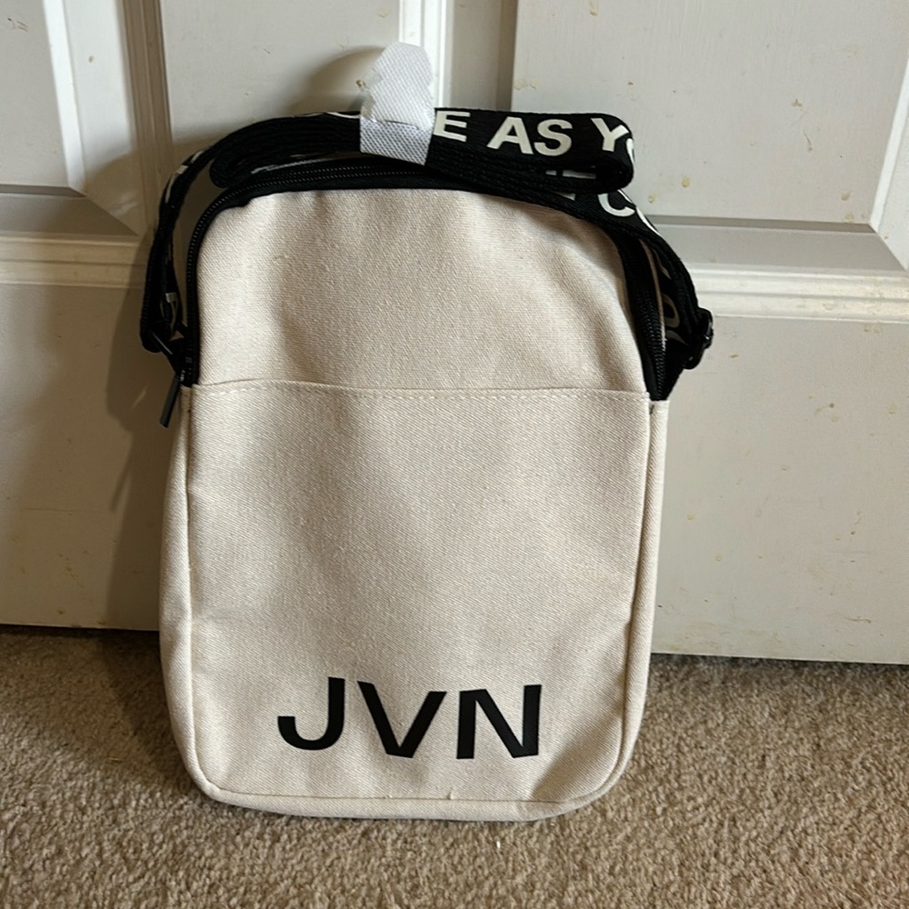 NWOT JVN Crossbody Canvas Ivory and Black Bag “come as you are” on strap!